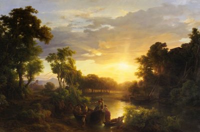 日没時のイタリアの風景、漁師 作： Károly Markó